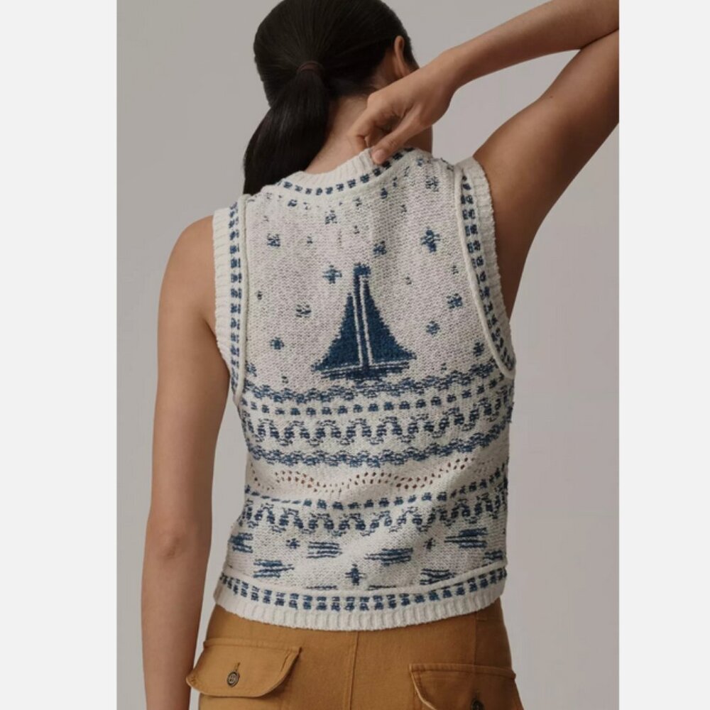 Anthropologie Pilcro V-Neck Sailboat Motif Cardigan Sweater Vest Nautical M NWT - Picture 3 of 5